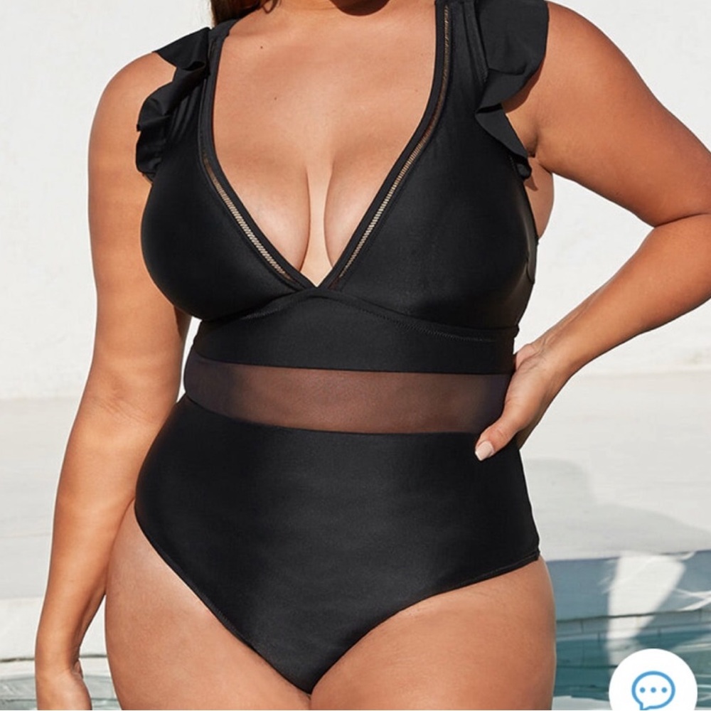 Black Ruffle Plunge V Neck Plus Size One Piece Swimsuit